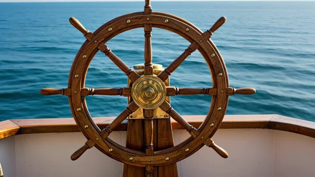 Ship's wooden helm with ocean background, navigation