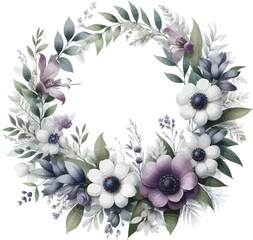 Floral wreath frame with pink flowers and green leaves decorative bouquet