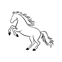 Elegant Horse Rearing Up with Flowing Mane and Tail Black Outline on White Background Graceful and Powerful Animal Design