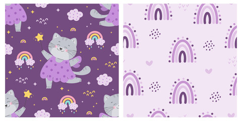 Pattern collection with magic cat and rainbows