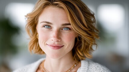 Fototapeta premium Portrait of a Smiling Woman with Short Brown Hair