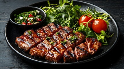 Grilled steak with salad and salsa