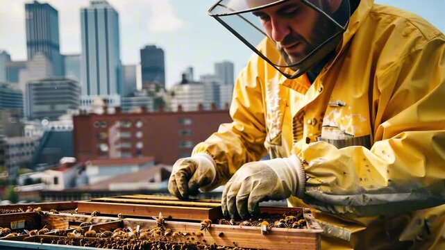 Beekeeper extracting honey from beehive on urban rooftop, promoting sustainable agriculture and local honey production