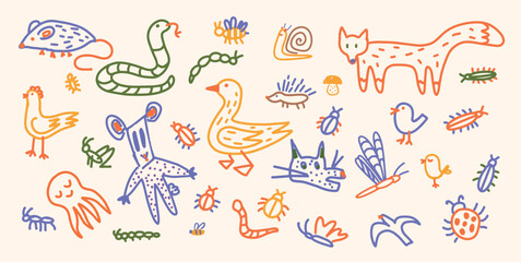 Handdrawn playful doodles in childlike style. Duck, snake, mouse and fox among birds, insects, caterpillars, snail, dragonfly. Vector illustration for banner, social media, posters and marketing
