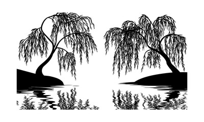 Silhouettes of breeze-bent willow tree, flowing branch art, engraved curved canopy, lakeside scene vector illustration, calm natural setting, serene landscape, outdoor flora, gentle wind nature. © aura studio