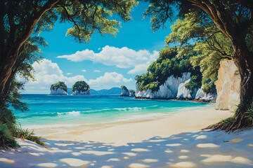 Obraz premium Scenic coastal scene of a tranquil beach.