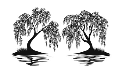 Lakeside willow tree silhouettes, engraved curved canopy, flowing branch art, breeze-bent vector illustration, peaceful outdoor scene, natural environment design, tranquil nature, scenic tree clipart. © aura studio