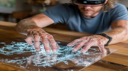 Man utilizing augmented reality interface overlaying circuit board concepts for enhanced interaction and visualization