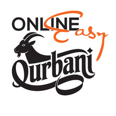 This powerful black-and-white typography design features the phrase “Online Easy Qurbani,” creatively combining bold serif and script fonts. The image includes a stylized goat illustration