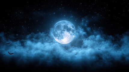 Fototapeta premium Full Moon Shining Brightly with Bats and Clouds in Night Sky