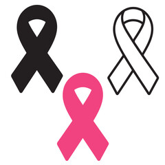 Breast cancer awareness Ribbon Icons Black White Pink Support Charity, Breast cancer awareness Ribbon Icons Set Black and White Line Art, 
