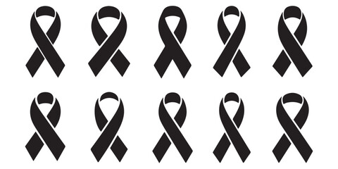 Breast cancer awareness Ribbon Icons Black White Pink Support Charity, Breast cancer awareness Ribbon Icons Set Black and White Line Art, 