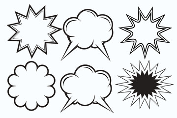Collection of Six Black and White Comic Book Style Speech Bubbles and Explosion Icons on a White Background - Vector Graphics                         