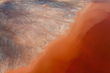 Aerial shot of oxidized iron minerals in water in old mining area, Río Tinto. Huelva Province, Spain © Peter Adams