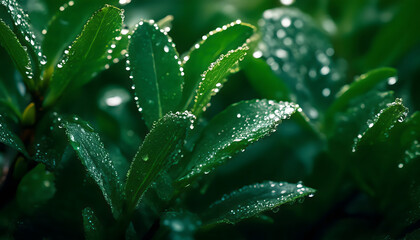 Fototapeta premium Raindrop covered leaves, macro photography, water droplets on deep green foliage, high-definition