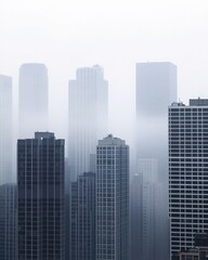 Foggy morning city skyline with tall skyscrapers fading into mist creating soft gray silhouettes and atmospheric urban landscape