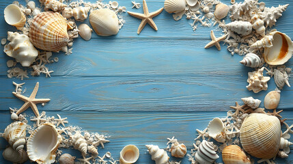 Obraz premium Decorative arrangement of seashells and starfish on a light blue wooden background.