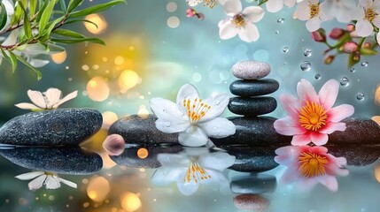 Serene Composition of Stones and Flowers with Calm Water Reflections