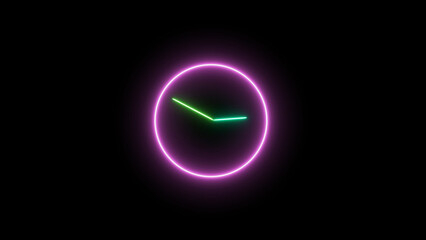 Neon Clock with Pink Circle and Green Hands on a Black Background