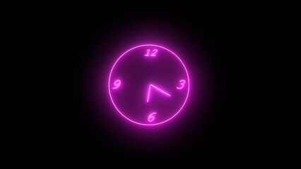 Glowing Neon Clock on Black Background Showing Time Around Seven O Clock