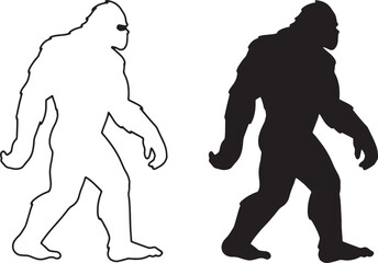 Fototapeta premium Bigfoot Silhouettes Outline and Solid Black Illustrations of the Legendary Creature