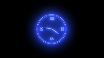 Glowing Blue Neon Clock with Roman Numerals on a Black Background