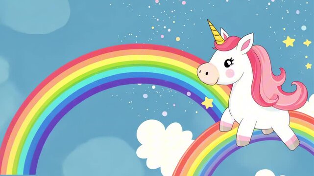 Magical unicorn flying in the sky over a rainbow in a colorful fantasy world