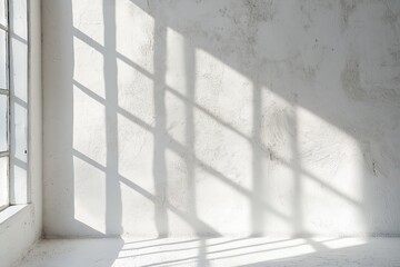 Obraz premium Bright, white room with large window, shadows on wall, showcasing wall insulation gap filling renovations. Concept of wall insulation gap filling enhances tranquility and calmness.