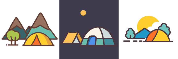 Vector illustration of a camping trip showcasing nature and outdoor adventure Day and night. Travel and hiking concept in minimalistic style