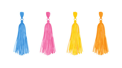 Collection of Colorful Decorative Tassels in Blue Pink Yellow and Orange Isolated on White Background