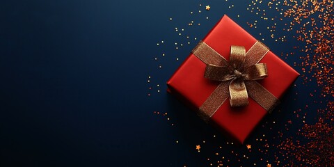 Red Gift Box with Golden Ribbon on Dark Blue Background, Christmas Present for Holiday Celebration and Birthday Party in Pastel Color Concept