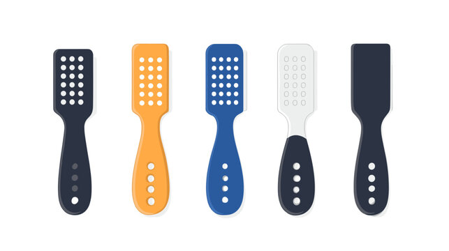 Collection of Colorful Kitchen Utensils with Black Blue Orange and White Spatulas Arranged on a White Background