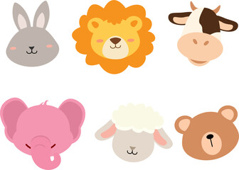 Various animal set. Cute rabbit, lion, cow, elephant, sheep and bear