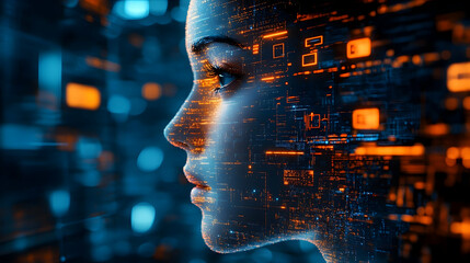 Profile view of a woman's face overlaid with digital code.