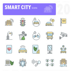 Smart city concept icon set with electric car, online meeting, public wifi and security system icons