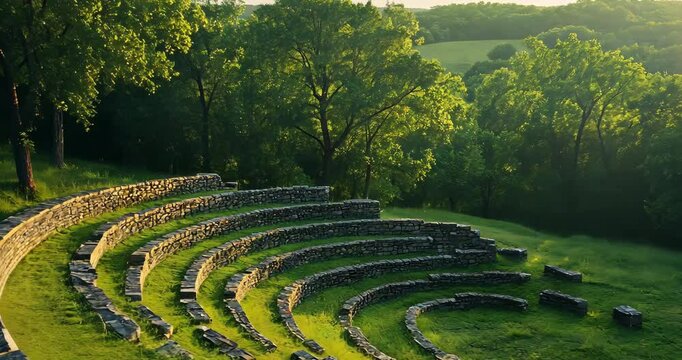 A high-angle, establishing shot of a stone amphitheater nestled in a lush green landscape.
