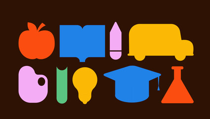 School supplies flat silhouette icons set on blackboard background