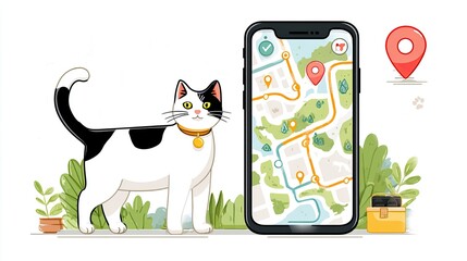 Cute black and white cat with collar next to smartphone GPS tracker app showing pet location on city map