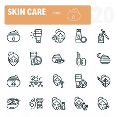 Twenty skin care icons representing skin care routine and skin treatments
