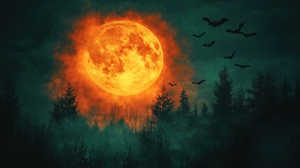 Eerie Full Moon Rising Over Dark Forest with Bats Flying