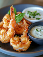 A plate of crispy, golden-brown fried shrimp, garnished with chives, is served with a creamy dipping sauce in a small black bowl.