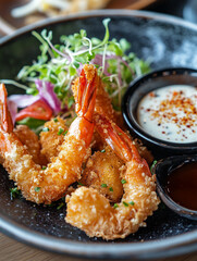 A plate of crispy, golden-brown fried shrimp, garnished with chives, is served with a creamy dipping sauce in a small black bowl.