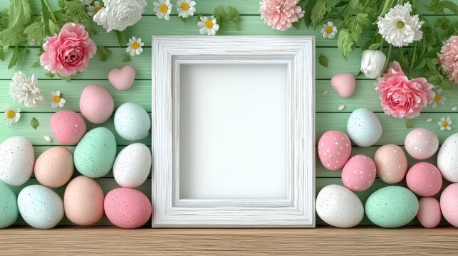 Easter Eggs  Flowers   White Frame on Green Wood