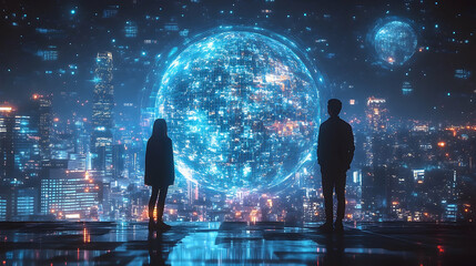Two figures stand gazing at a holographic sphere above a futuristic cityscape.