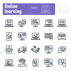 Online learning icon set featuring students and teachers using technology for education