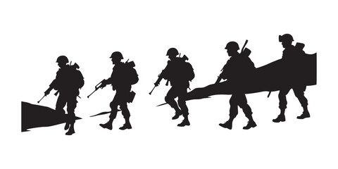 Silhouette of a soldier walking with rifle in hand. Ideal for military-themed designs, patriotic artwork, and army apparel.