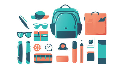 travel accessories and backpack flat design set

