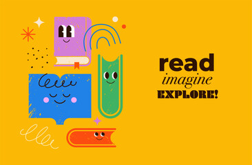 Back to School poster with hand drawn cartoon book characters 