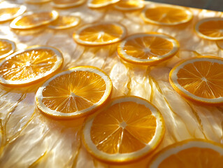 Sunlit counter with thinly sliced oranges in elegant pattern 
