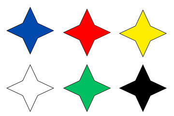 A grid of graphic images, including six, four-pointed star shapes colored blue, red, yellow, white, green, and black.
